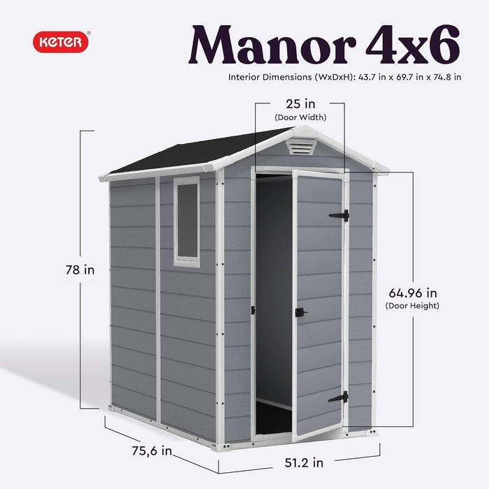 Keter Manor 4×6 Resin Outdoor Storage Shed Kit-Perfect to Store Patio Furniture, Garden Tools Bike Accessories, Beach Chairs and Lawn Mower, Grey & White