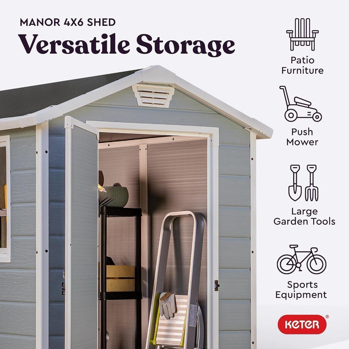 Keter Manor 4×6 Resin Outdoor Storage Shed Kit-Perfect to Store Patio Furniture, Garden Tools Bike Accessories, Beach Chairs and Lawn Mower, Grey & White