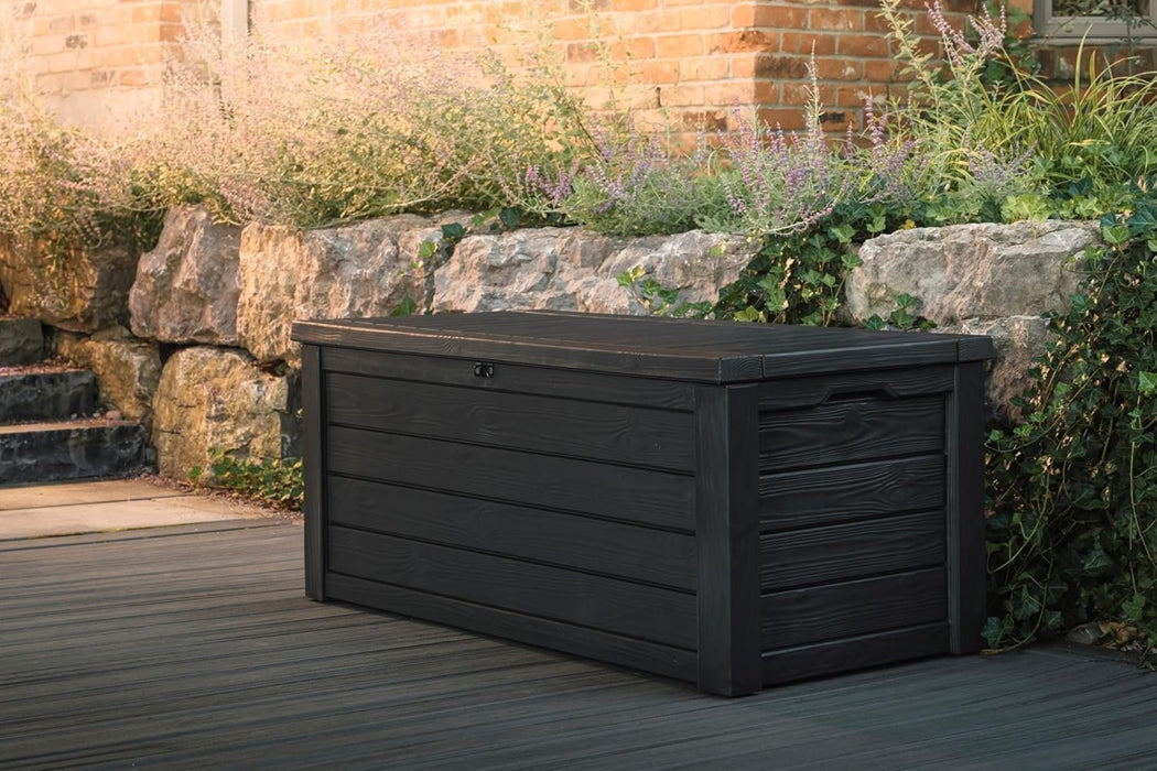 Keter Westwood 150-Gallon Resin Outdoor Storage Box | Weather-Resistant Deck Bin for Patio Cushions, Garden Tools & Pool Accessories – Dark Grey