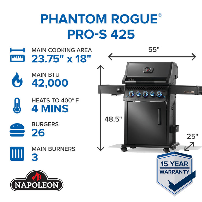 Napoleon Phantom Rogue® PRO-S 425 Grill with Infrared Side and Rear Burners, Freestanding Gas Grill with Infrared Rear & Side Burners - Matte Black