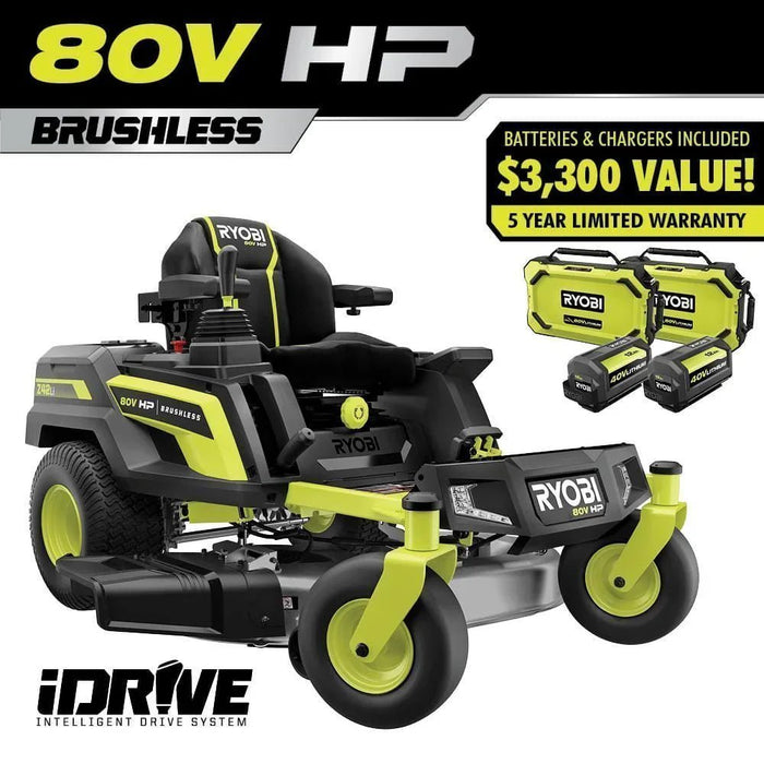 RYOBI 80V HP Brushless 42 in. Battery Electric Cordless Zero Turn Riding Mower Batteries and Charger 80V Batteries 40V