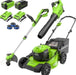 Greenworks 40V 20″ Cordless Mower, 500 CFM Blower, 12″ Trimmer, 2 Batteries (5Ah + 2Ah) & Chargers
