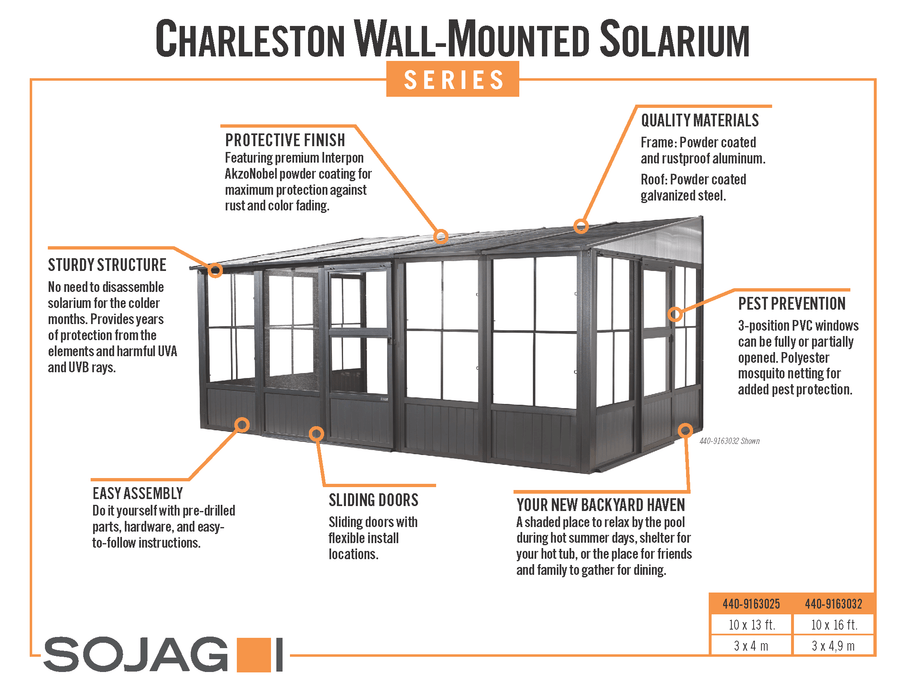 Sojag Charleston Solarium Wall Unit, 10 ft. x 16 ft. Dark Gray - CozeeFlames.com